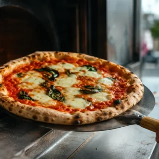 Pizza, a fresh wood-fired pizza pulled from a food truck oven onto a peel