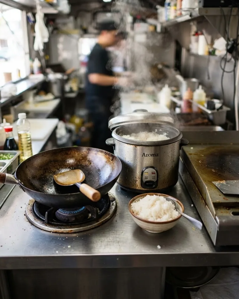 Detail view of wok, rice, and flat-top: the gear that decides your menu