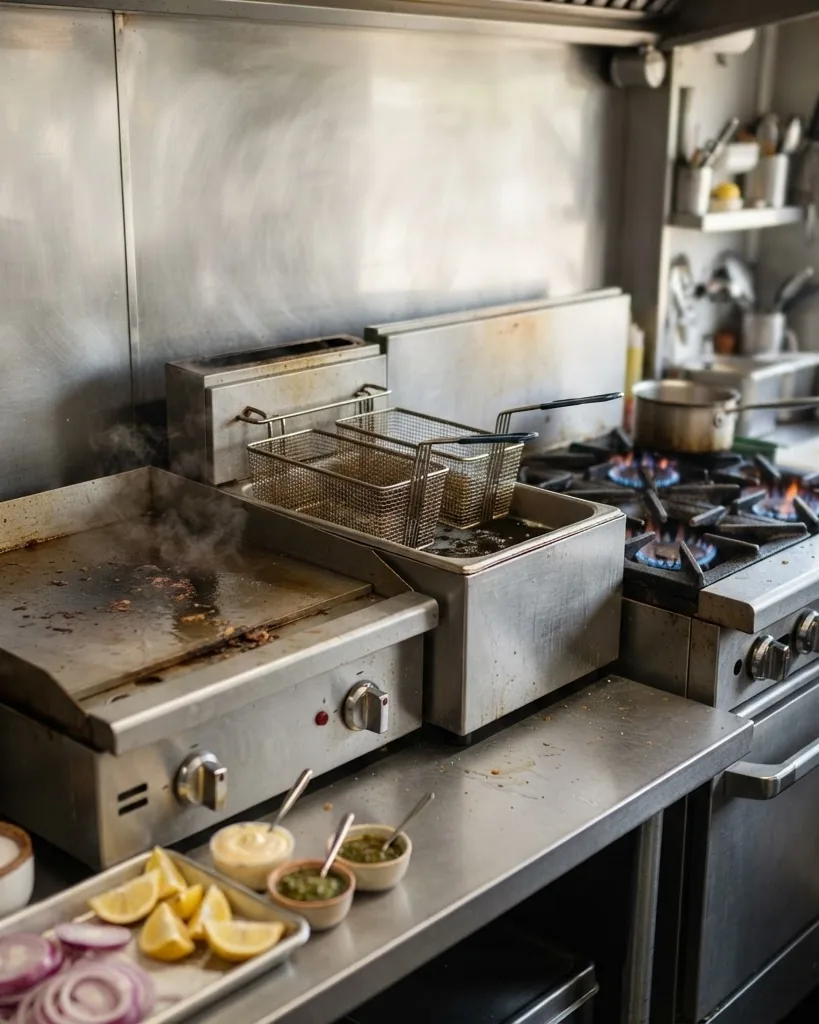 Detail view of the cooking line: griddle, fryer, and range
