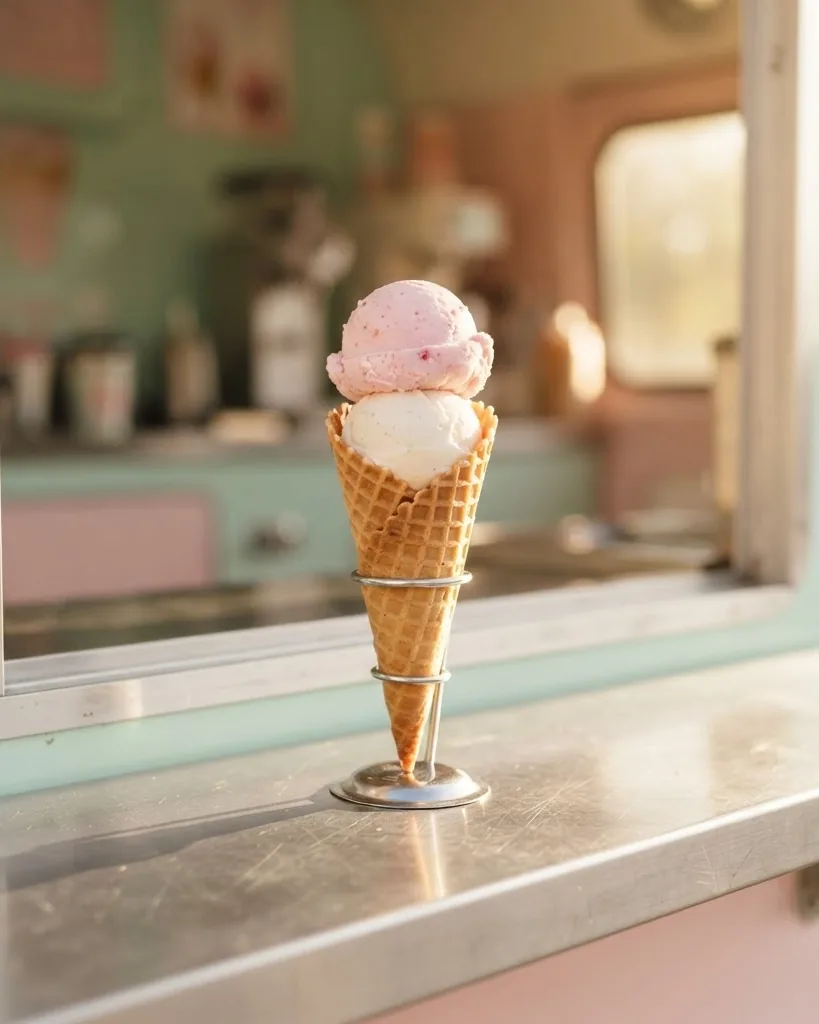 Detail view of a single ice cream cone served at the truck window