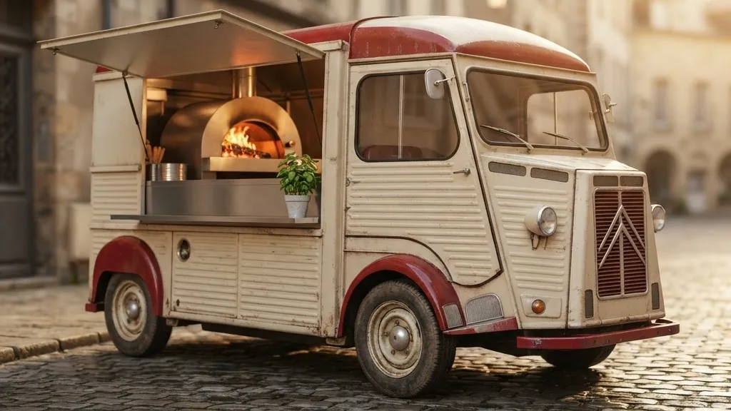 Editorial photo of a pizza food truck with its wood-fired oven visible through the serving hatch