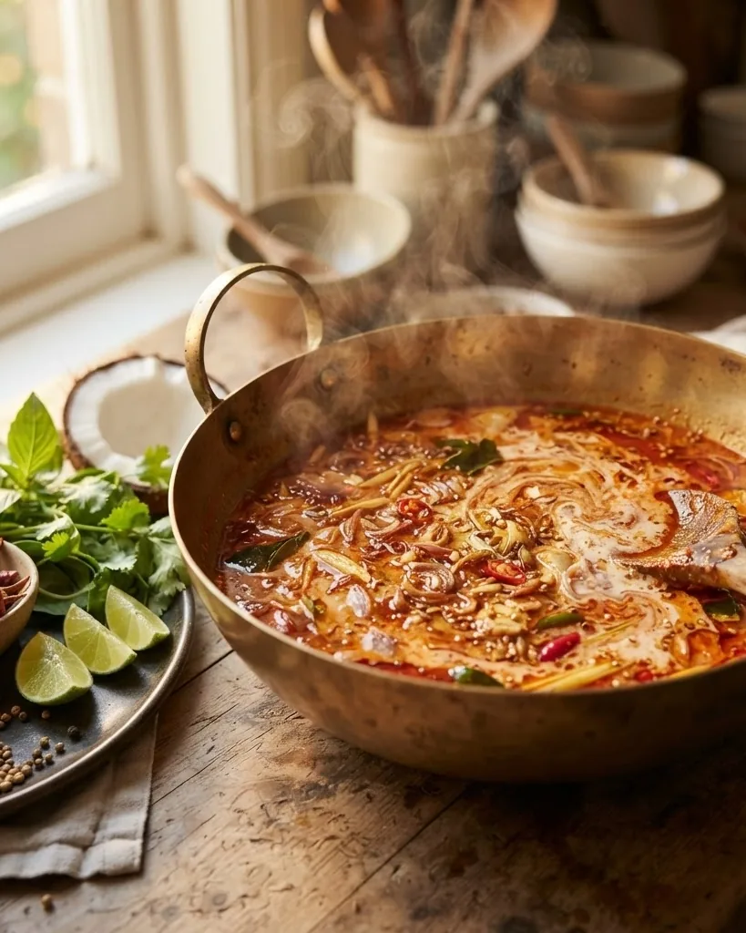 Detail view of frying the Aromatics and Coconut Milk Technique