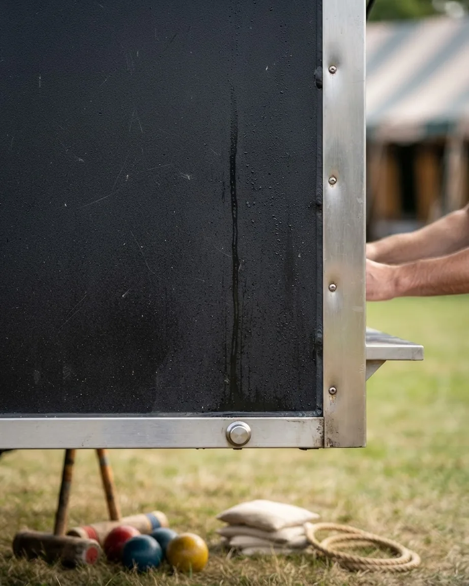 Close-up of a black food truck panel with metal trim, lawn game balls, beanbags and rope on grass.