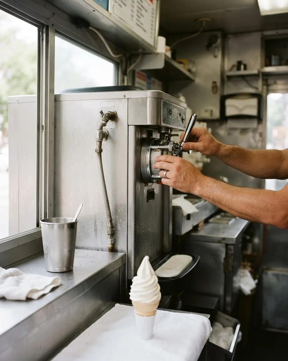 Hands adjust a metal soft-serve machine inside an ice cream truck, with a vanilla cone resting on a towel.