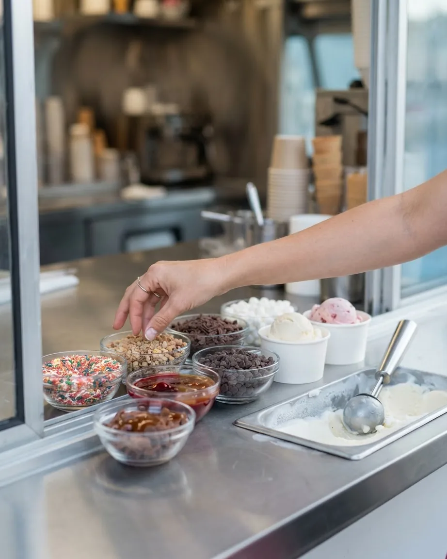 A hand reaches toward bowls of toppings beside ice cream cups and a scoop at a truck service window.