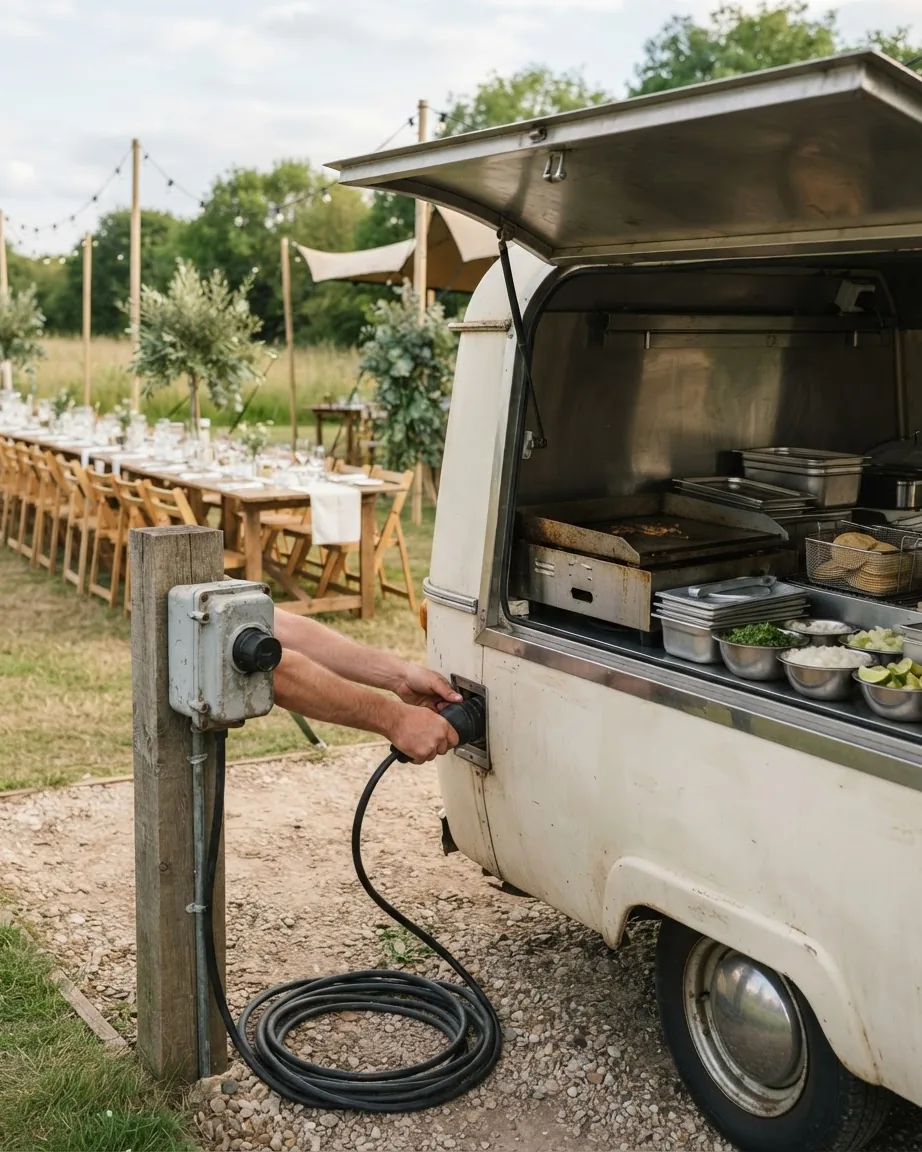 Hands plug a power cable into a vintage taco truck beside an outdoor wedding dining area with wooden tables.