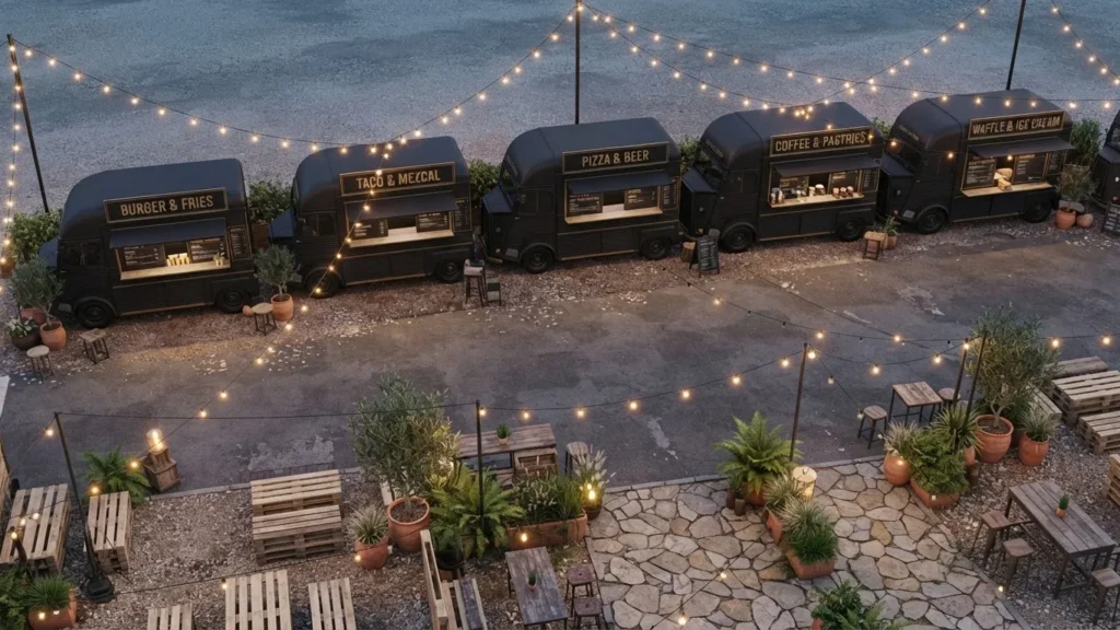 Five black food trucks lined up beside outdoor wooden tables, potted plants, and glowing string lights at dusk.