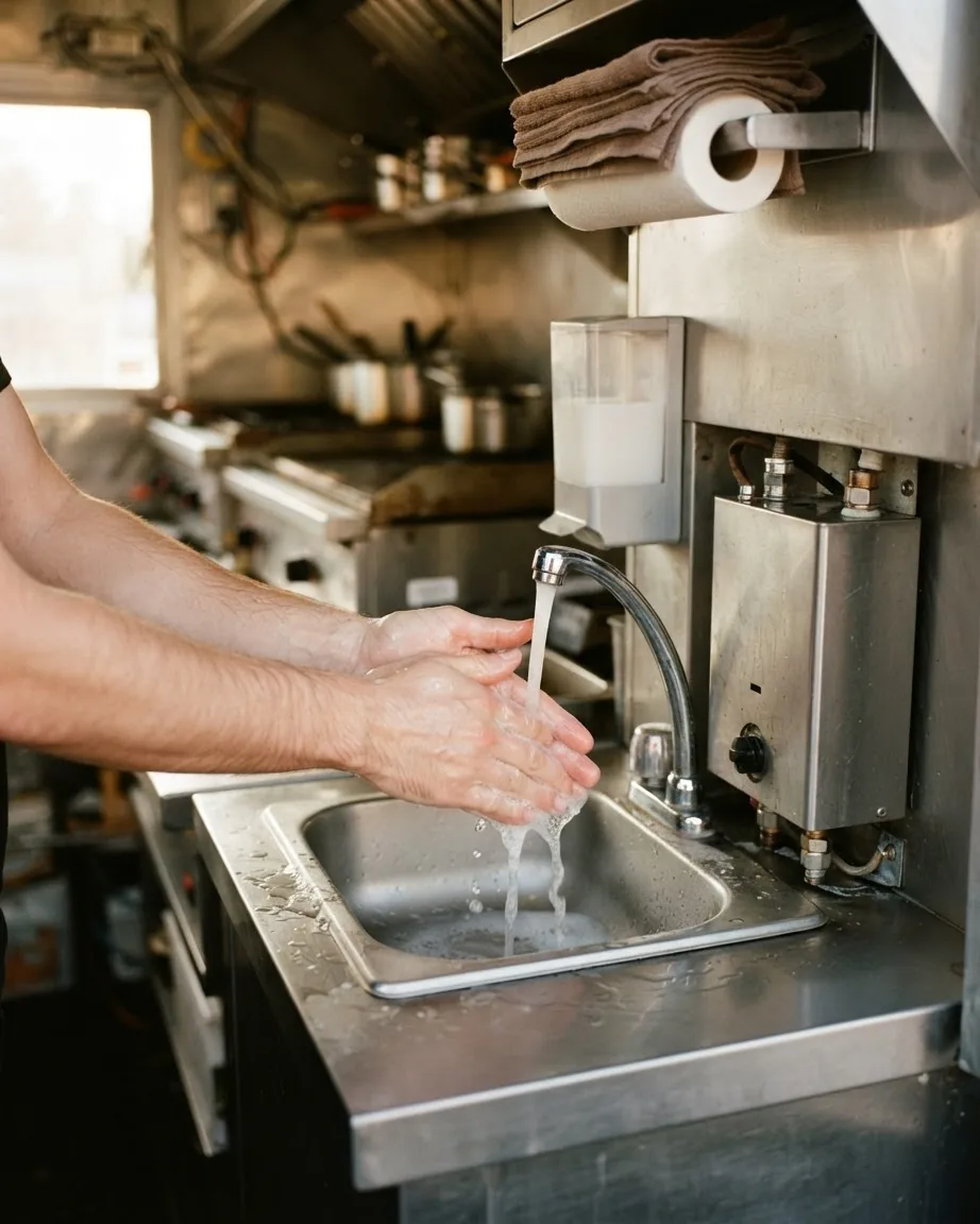 Hands wash under running water in a stainless food-truck sink beside a compact water heater.