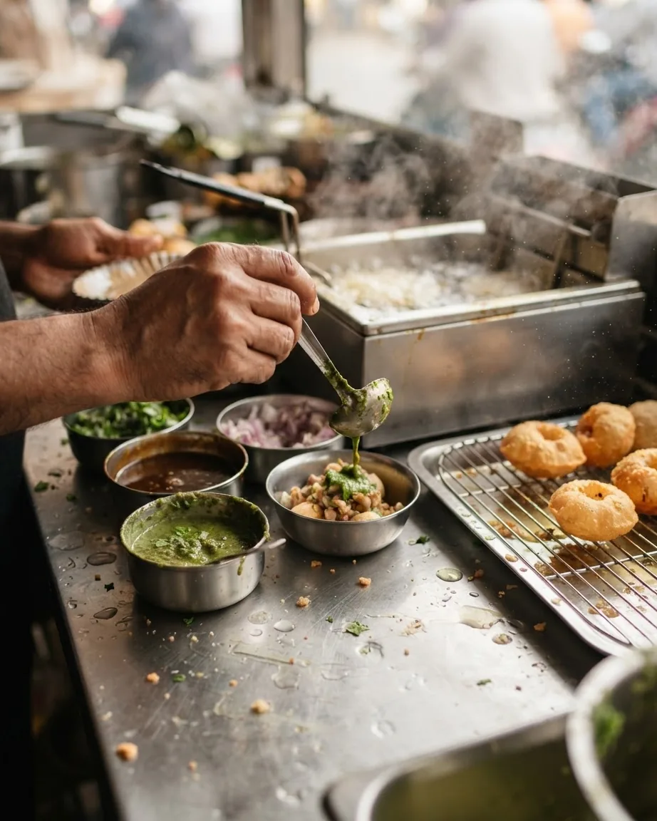 Hands spoon green chutney onto a bowl of prepared street food beside a steaming fryer and fried snacks.