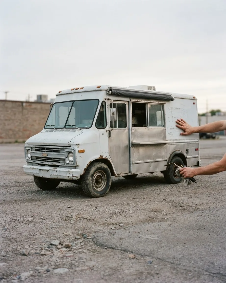An old white food truck with rust and worn panels sits on a gravel lot as hands inspect its exterior.