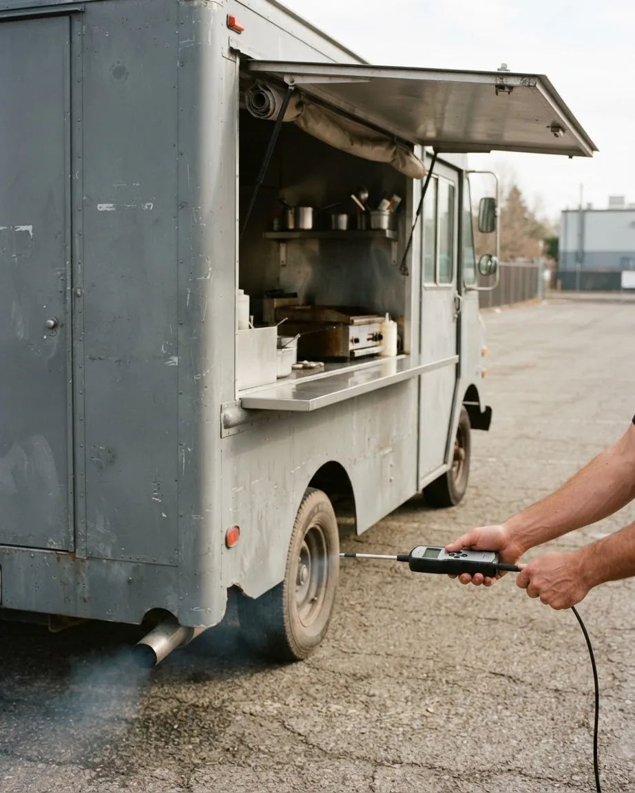 A weathered gray food truck with its serving hatch open while hands hold an exhaust testing probe near the rear.