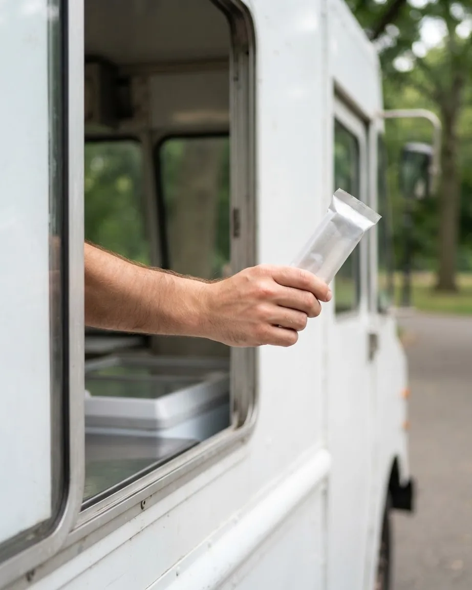 A hand extends from a white ice cream truck's serving window, holding a wrapped frozen treat.