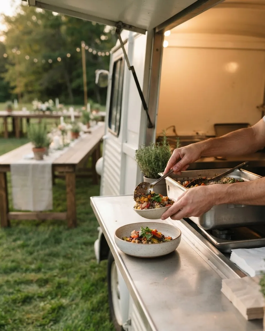 Hands scoop food into ceramic bowls at a white catering truck beside outdoor wedding tables.