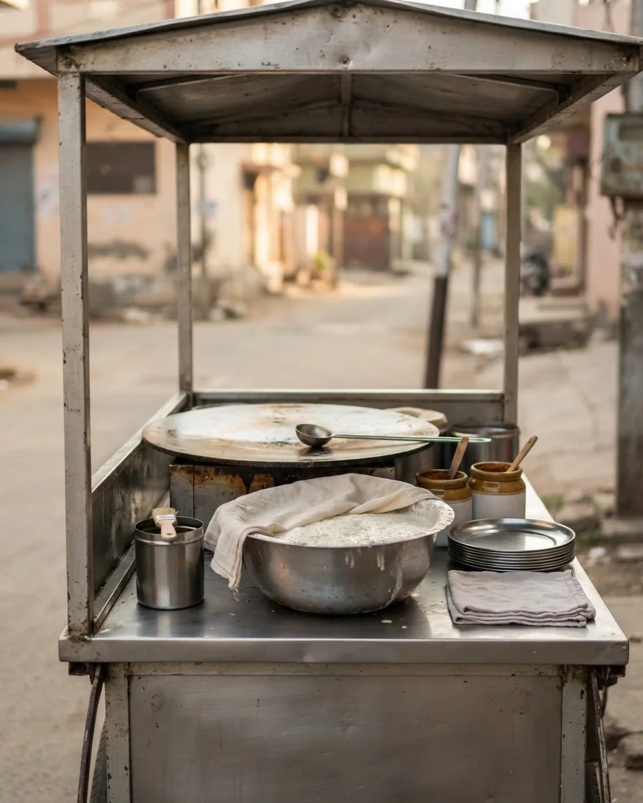 A stainless steel street food cart with a covered griddle, a bowl of white batter, utensils, and stacked plates.