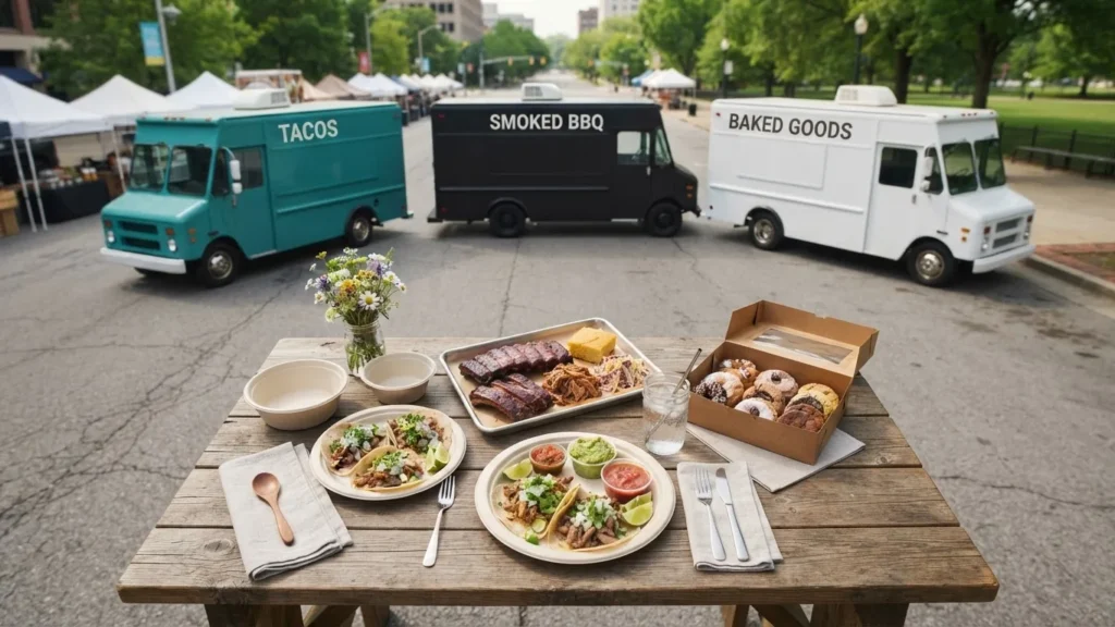 Three food trucks serving tacos, smoked barbecue and baked goods behind a rustic table of festival food.