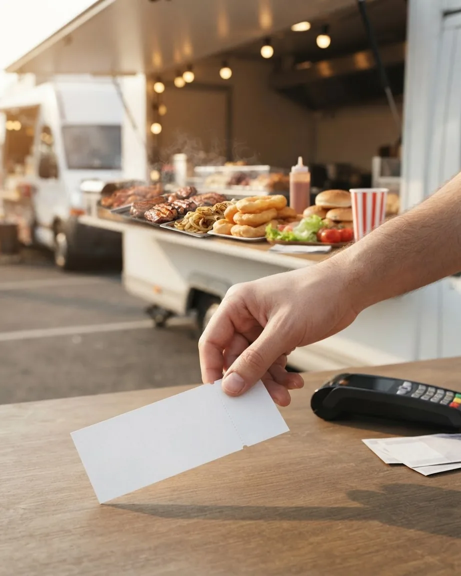 A hand holds a blank paper ticket over a wooden counter beside a card reader at a food truck festival.