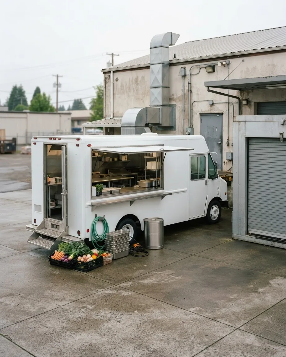 White food truck with an open kitchen window parked beside an industrial kitchen building.