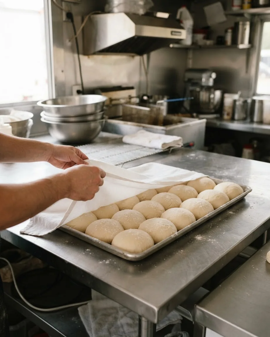 Hands lift a white cloth from rows of round dough balls on a baking tray in a stainless steel food truck kitchen.