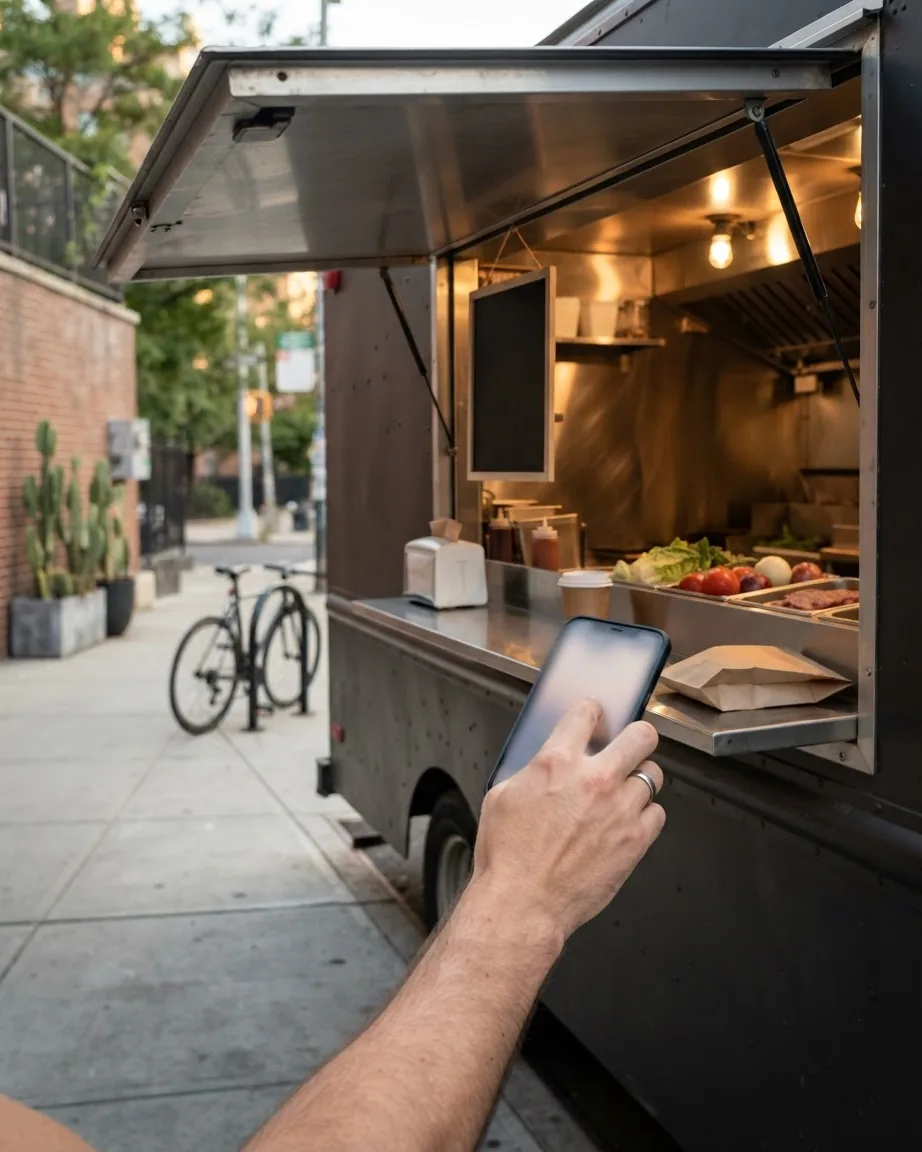 A hand taps a smartphone beside the serving window of a black food truck with food displayed inside.