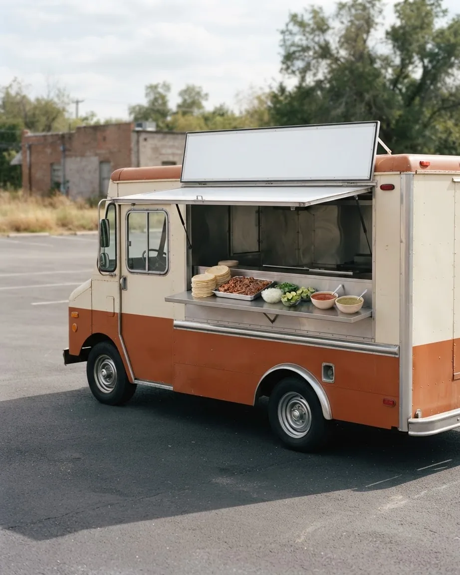A cream and rust-colored taco truck parked alone on asphalt with tortillas, meat, and toppings at its serving window.