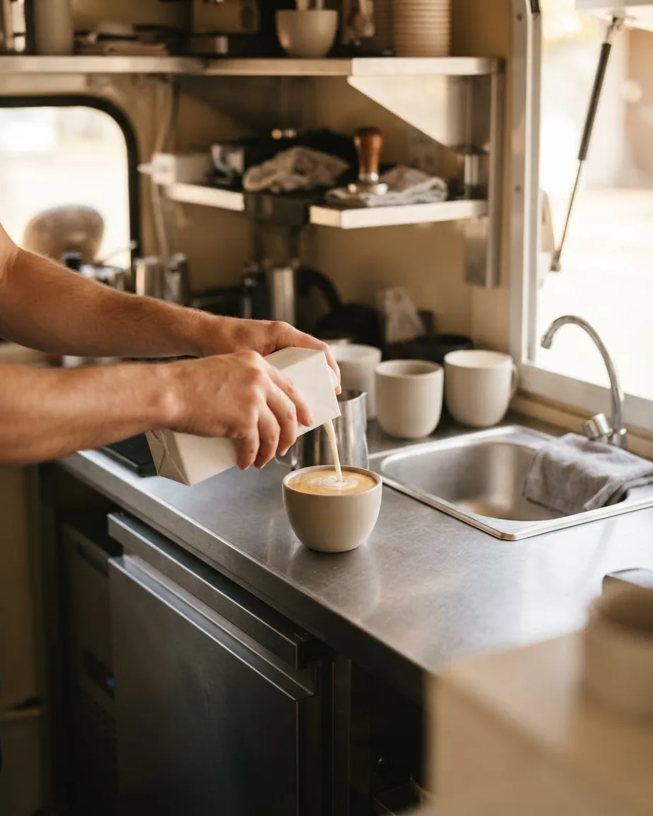 Hands pour milk from a plain carton into coffee beside a sink and under-counter refrigerator.