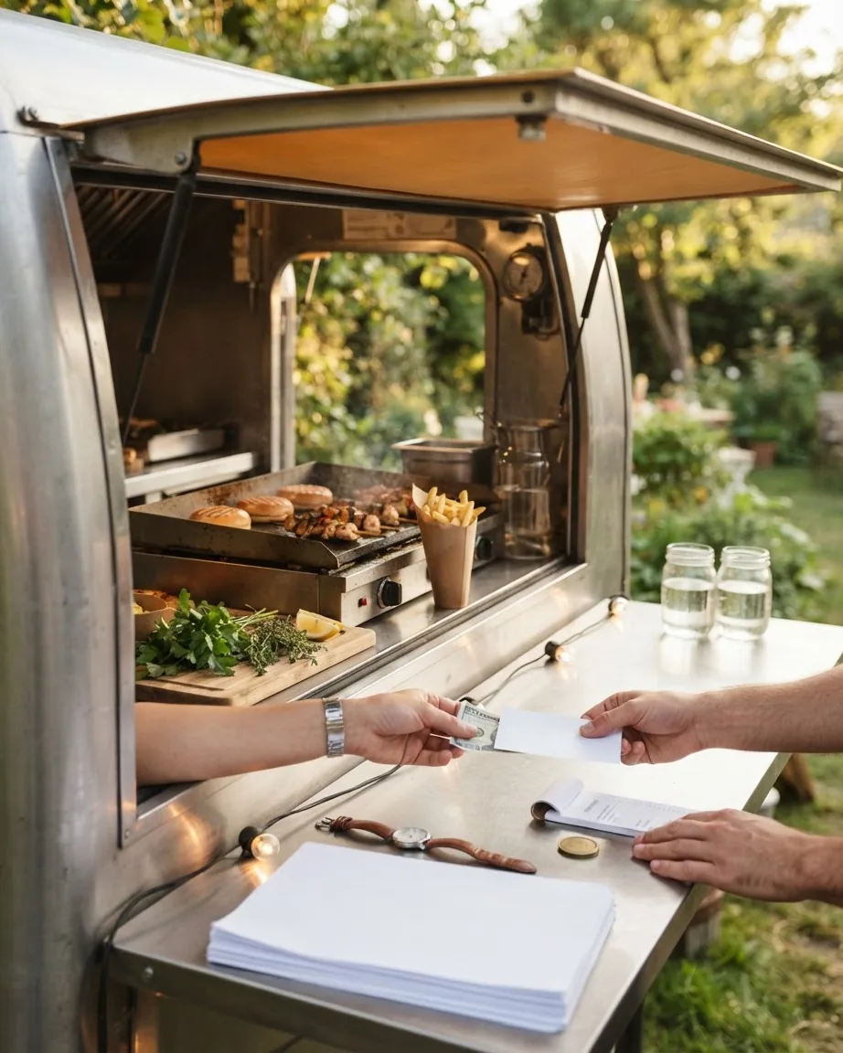 Hands exchange cash and paperwork across a stainless steel food truck counter beside a grill and fries.