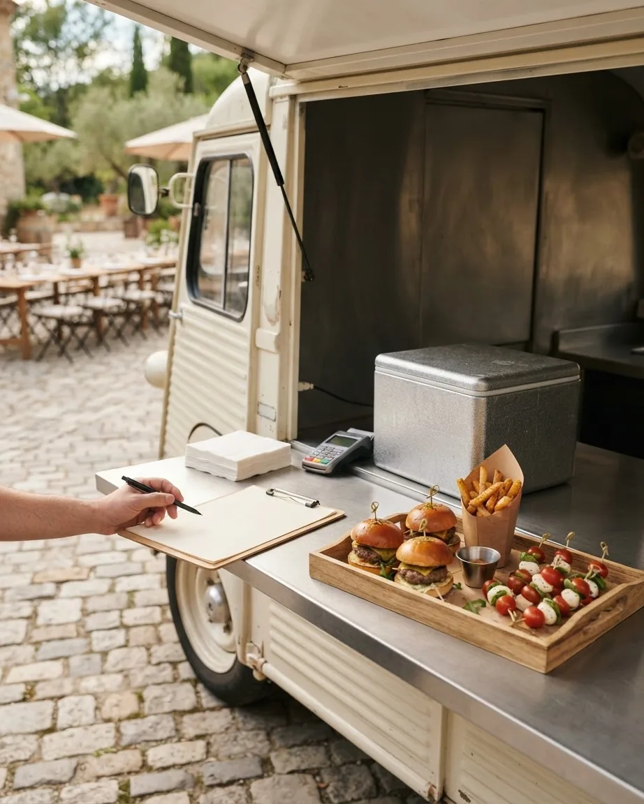 A hand holds a pen over a clipboard beside a food truck counter with sliders, skewers, fries, and a card reader.