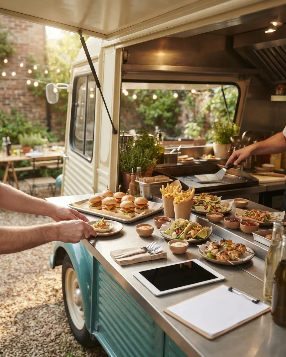 A turquoise food truck serves sliders, fries, tacos and grilled dishes at an outdoor party, with hands arranging plates.
