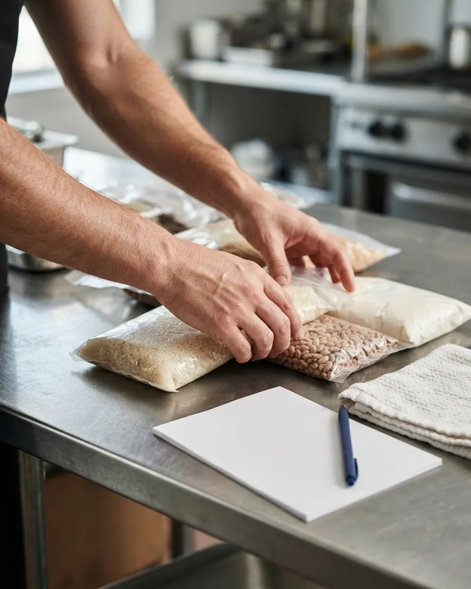 Hands arrange clear plastic bags of dry rice, beans, and other ingredients on a stainless steel kitchen counter.
