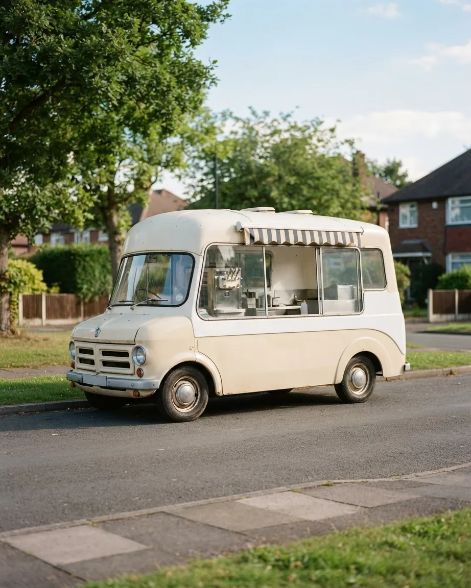 A vintage cream-colored ice cream truck with a striped awning parked on a quiet suburban street lined with trees and houses.