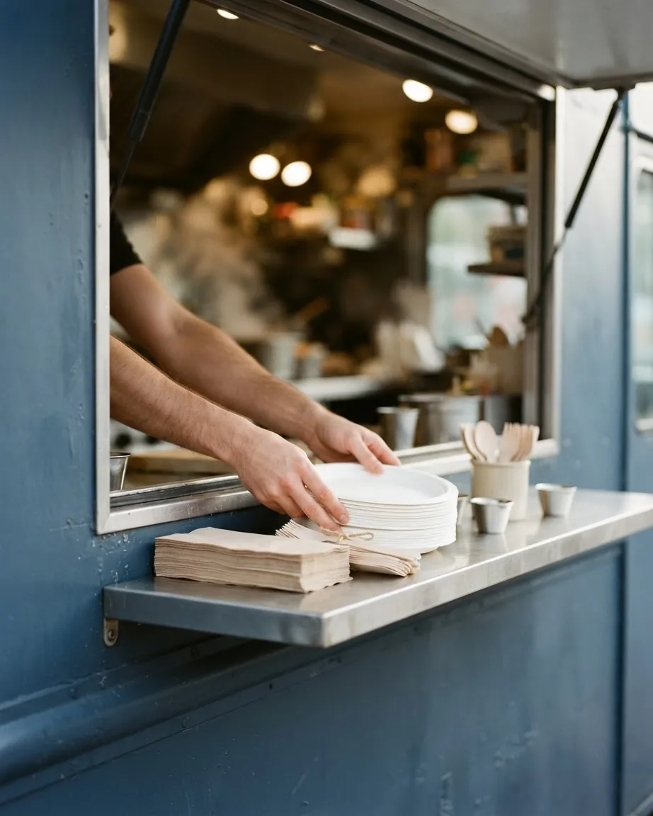 Hands arrange a stack of disposable plates beside napkins, wooden utensils and condiment cups at a food truck window.