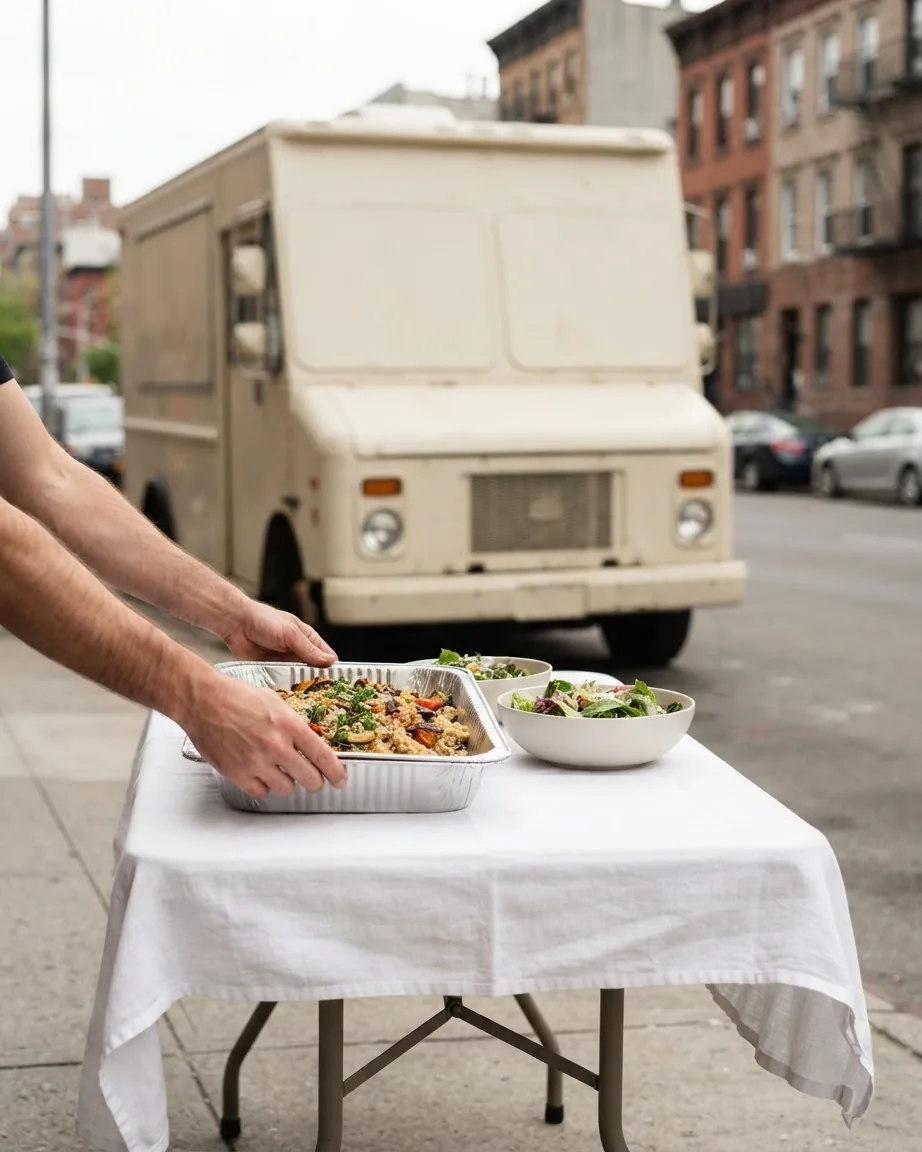 Hands place a tray of prepared food on a white-covered table beside bowls of salad and a parked food truck.