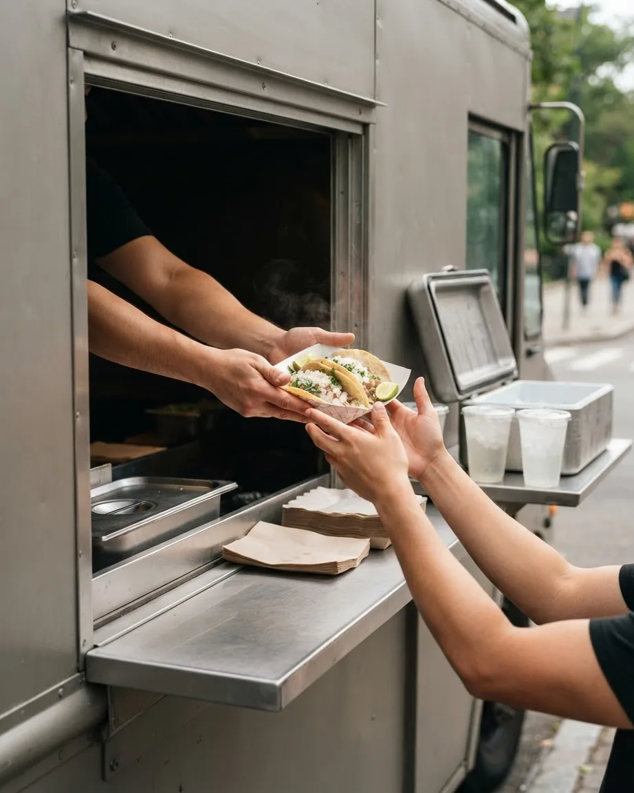 Hands pass a tray of tacos through a stainless steel food truck window, with clear drinks on a separate shelf.