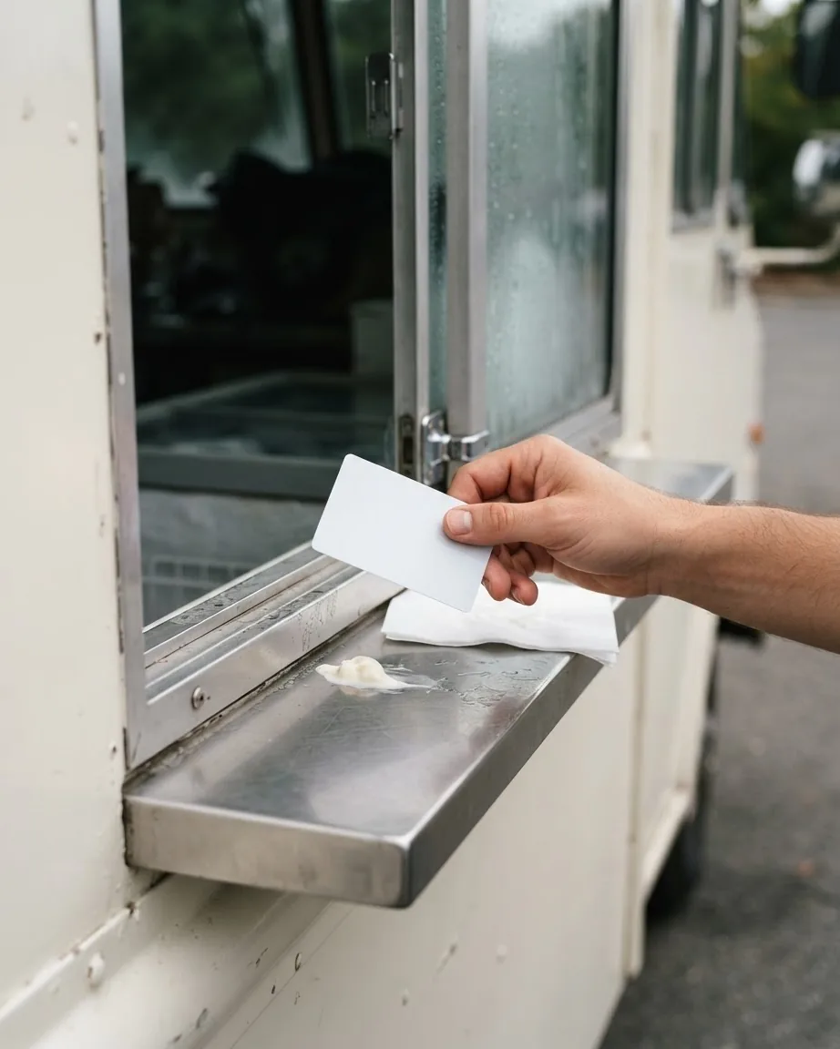 A hand holds a blank white credit card beside an ice cream truck service window and stainless steel counter.