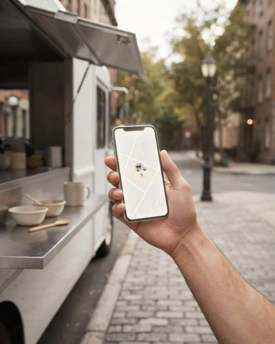 A hand holds a smartphone displaying a food truck location on a street map beside a parked food truck.