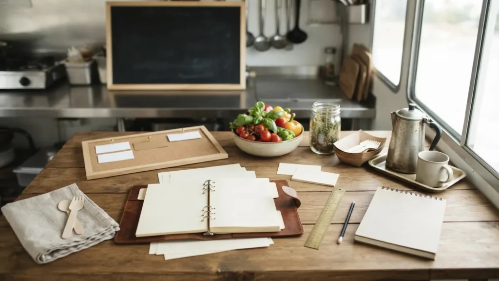 Open blank ring binder and notebooks on a wooden table with vegetables, a corkboard, and kitchen utensils.