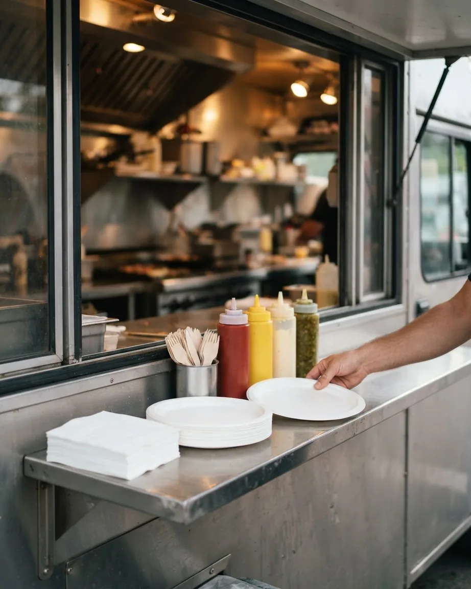A hand holds a disposable plate beside stacked plates, napkins, utensils and condiment bottles at a food truck window.