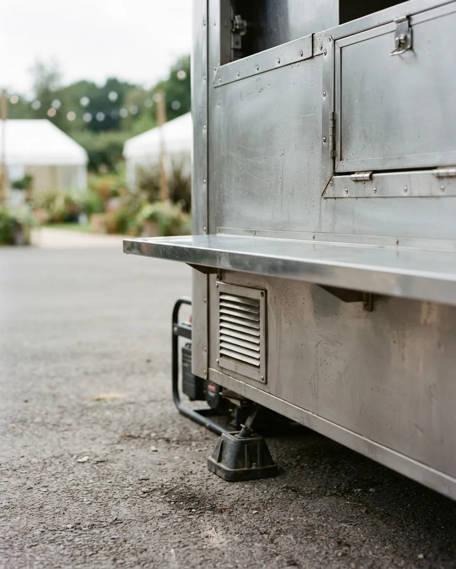 A stainless steel food truck stands on pavement with a fold-out counter, stabilizing foot, and generator below.