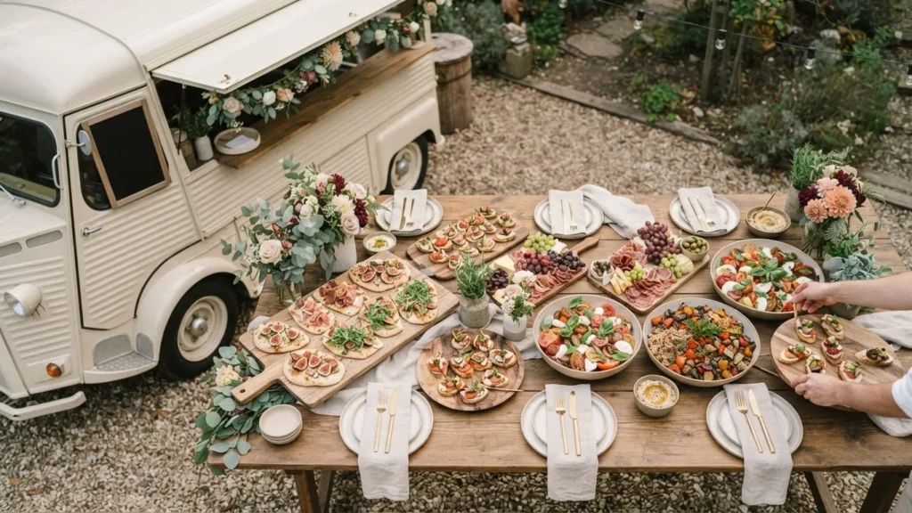 A vintage cream food truck beside a rustic wedding buffet table laden with appetizers, salads, and floral arrangements.