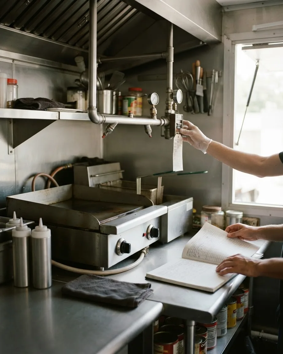 Gloved hands inspect a fire suppression control and an open maintenance logbook inside a stainless steel food truck kitchen.