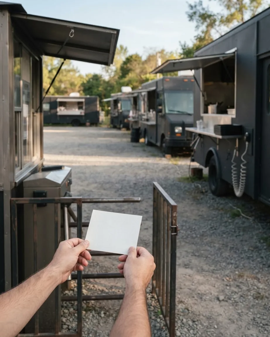 Hands hold a blank white ticket at an open metal gate, with several dark food trucks parked along a gravel lot.