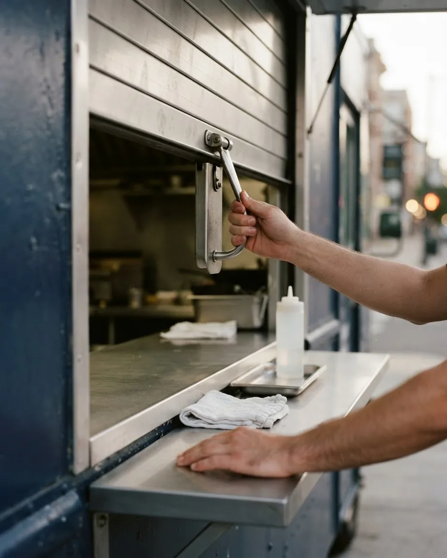 Hands grip the handle of a food truck serving shutter above a stainless steel counter with towels and a squeeze bottle.