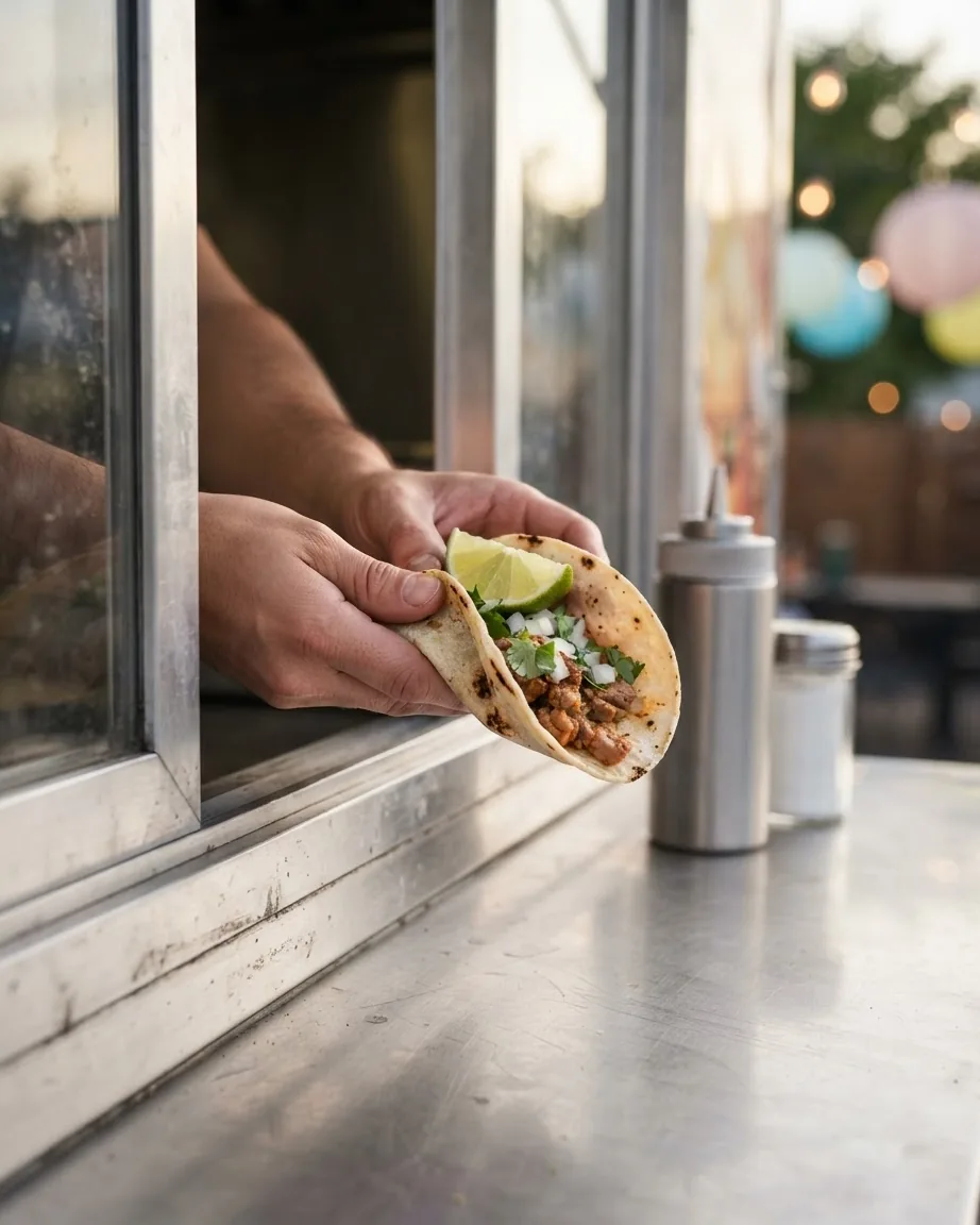 Hands pass a meat taco topped with onion, cilantro, and lime through a food truck service window.