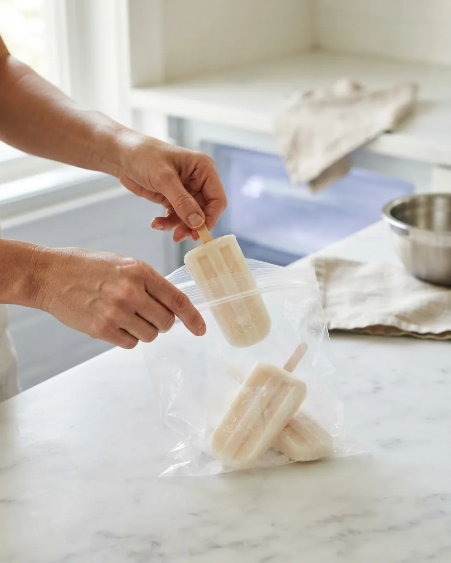 Hands place creamy homemade popsicles into a clear zip-top freezer bag on a marble kitchen counter.