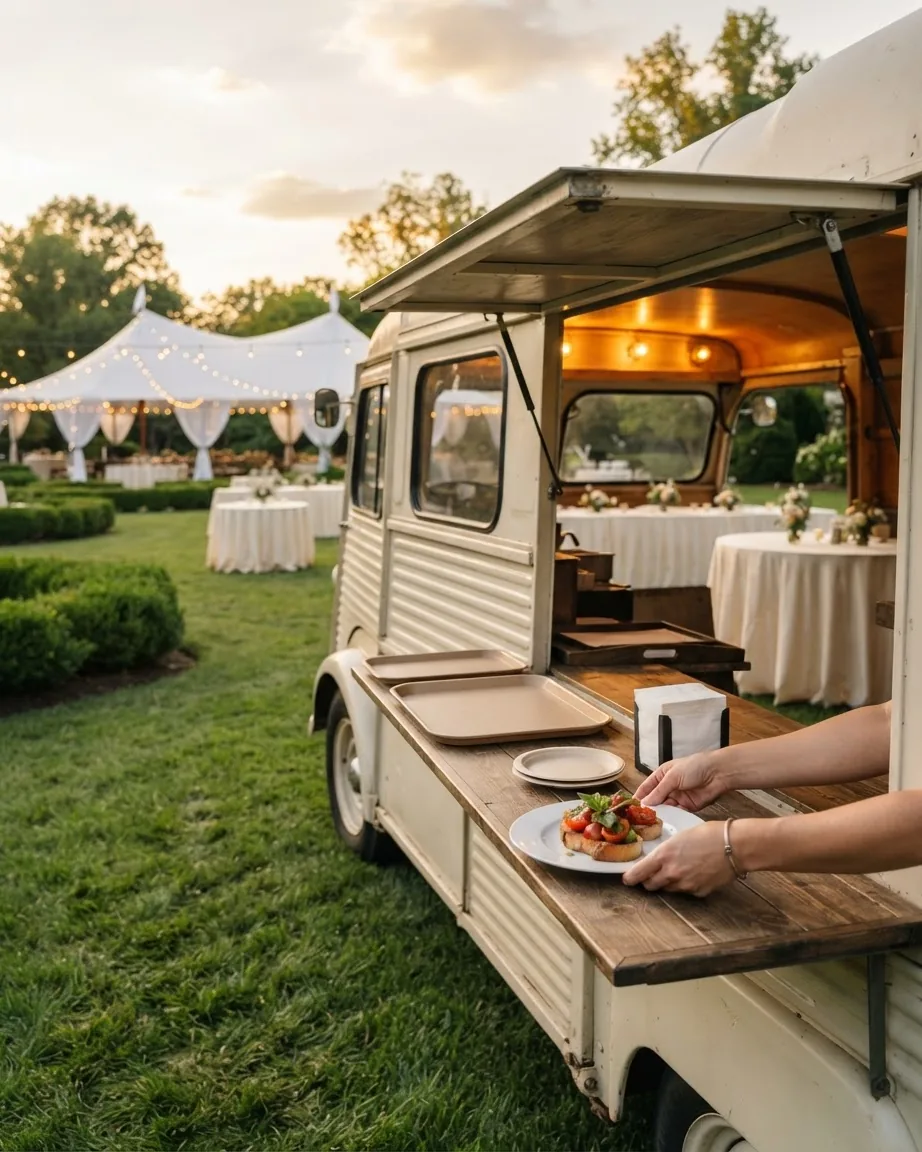 Hands place a plated appetizer on the wooden counter of a vintage cream food truck at an outdoor wedding reception.