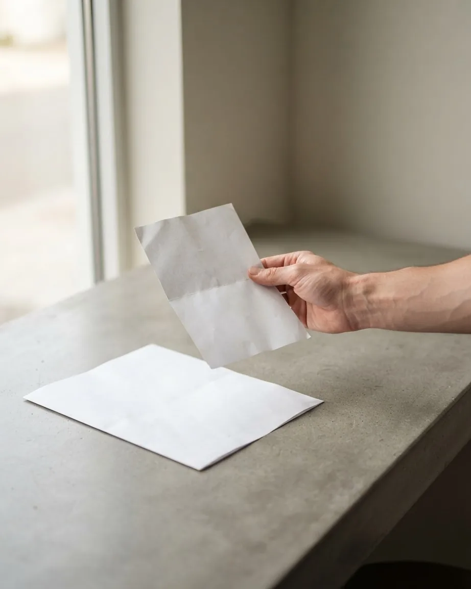 A hand holds a blank folded sheet of paper above another white sheet on a bare gray countertop by a window.