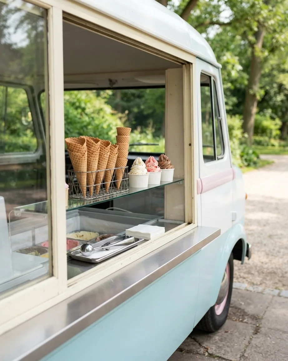 A pastel blue and white ice cream truck with waffle cones and cups of soft serve at its serving window.