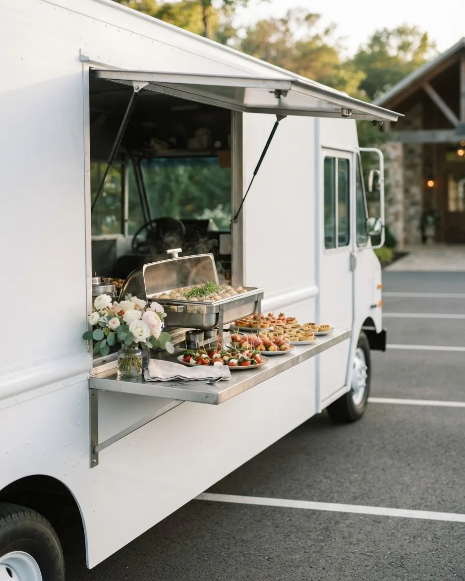 A white food truck parked on level pavement with an open serving window displaying catered dishes and flowers.