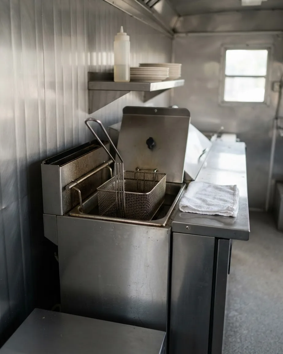 A stainless steel deep fryer with a wire basket sits against the wall beside a narrow counter in a food truck kitchen.