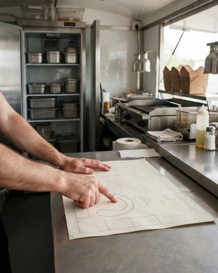 Hands trace a curved route on a paper floor plan atop a stainless steel counter inside a food truck kitchen.